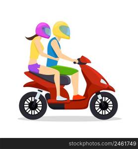 Young man and woman couple riding on scooter. Transport symbol, moped and motorcycle. Vector illustration. Young man and woman couple riding on scooter