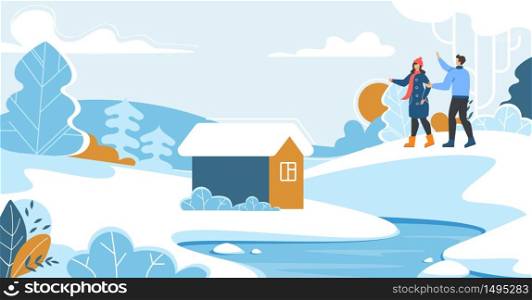 Young Man and Woman Couple Wearing Warm Clothes Walking in Snowy Forest or Garden. Loving Family Rest in Countryside on Winter Holidays. Flat Cartoon Country House and River. Vector Illustration. Family Rest in Countryside on Winter Holidays