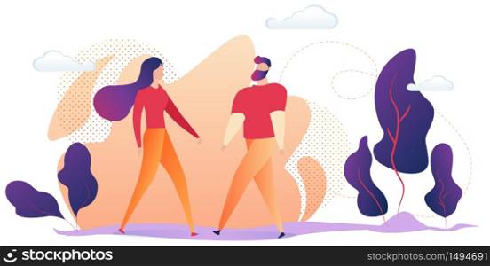 Young Man and Woman Dressed in Casual Clothing Standing Together Outdoors. Cute Happy Couple, Romantic Partners Having Dating, Meeting on Street. Human Relations, Love Cartoon Flat Vector Illustration. Romantic Partners Having Dating, Meeting on Street