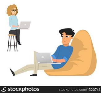 Young Man and Woman Freelancer with Laptops sitting in Frameless Armchair Working. Teamwork Programmer and Designer, Gamer and Blogger Concept. Isolated on white background Cartoon Vector Illustration Character. Young Man and Woman Freelancers Working with Laptop sitting in Armchair