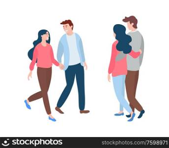 Young man and woman front and back view spending time together. Vector illustration isolated on white, merry lovers in flat style, happy couples. Young Man and Woman Front and Back View Vector