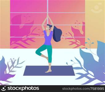 Young Man and woman meditate, sitting in yoga posture, performing aerobics exercise at home. Physical and spiritual practice yoga lesson. Mental health concept. Vector illustration cartoon. Young Man and woman meditate, sitting in yoga posture, performing aerobics exercise at home. Physical and spiritual practice yoga lesson. Mental health concept. Vector illustration