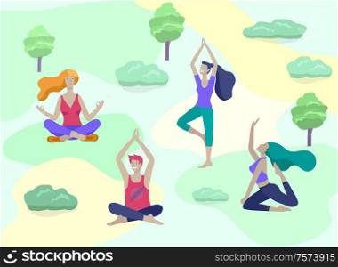 Young Man and woman meditate, sitting in yoga posture, performing aerobics exercise at park nature. Physical and spiritual practice yoga lesson. Mental health concept. Vector illustration cartoon. Young Man and woman meditate, sitting in yoga posture, performing aerobics exercise at home. Physical and spiritual practice yoga lesson. Mental health concept. Vector illustration