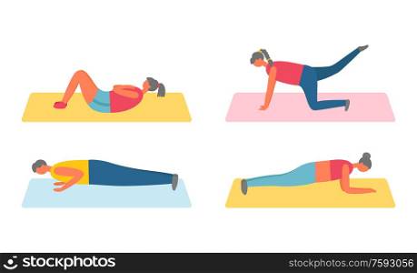 Young man and woman performing exercises on mat, side view of people in sportswear, flat design of human exercising isolated on white, pumping vector. Pumping People on Mat, Human in Sportswear Vector