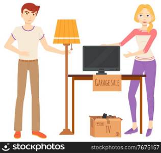 Young man and woman selling TV and torchiere, floor lamp at garage sale. Used house appliances and furniture piece. Flea market concept vector illustration. Man and Woman Selling Items at Garage Sale Vector
