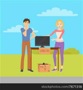 Young man and woman selling TV monitor at garage sale. Used house appliances in cardboard boxes on wooden table. Flea market concept vector illustration. Man and Woman Selling Items at Garage Sale Vector