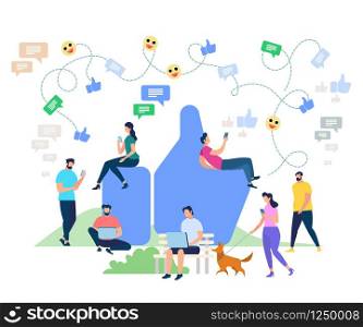 Young Man and Woman Sitting on Thumb Up Sign Using Gadgets, Guy Reading News on Tablet Pc, Teenager Sitting with Laptop. Girl Messaging in Smartphone. Social Network. Cartoon Flat Vector Illustration. Social Media Networking Cartoon Characters