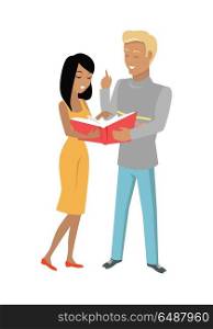 Young Man and Woman Stand with Book. Young adult man and woman stand with book. Two smiling students read book. Student communication. Education concept. Two young adult people s discussing book. College education.