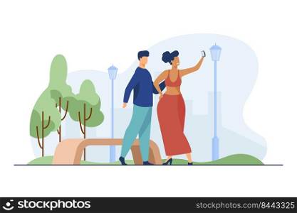 Young man and woman taking photo in park. Walking, happiness. Flat vector illustration. Selfie and memory concept can be used for presentations, banner, website design, landing web page