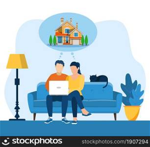 young man and woman using a laptop while sitting on a sofa. cartoon couple dreaming of home. Vector illustration in flat style. cartoon couple dreaming of home