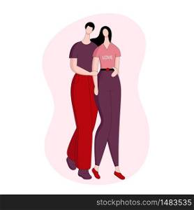 Young man and woman walking. Couple in love hugging. Vector linear illustration
