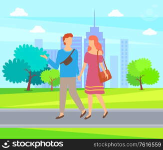 Young man and woman walking in city park holding hands. Vector couple on walk outdoors, summer nature and green grass, trees and blue sky. Summer activities. Young Man and Woman Walking in City Park Vector