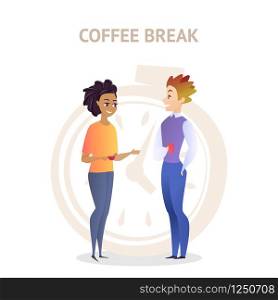 Young Man and Woman Workers, Colleagues Drinking Coffee at Office. Friendly Conversation. Smiling Talking People on White Doodle Stopwatch Background. Vector Illustration, Coffee Break Inscription. Coffee Break Colleagues Friendly Conversation