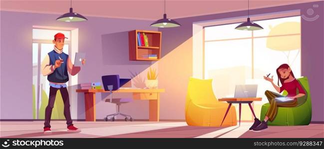 Young man and woman working at home office. Vector cartoon illustration of startup company employees in light room with large window, desk and chairs using laptop, tablet, thinking over creative ideas. Young man and woman working at home office