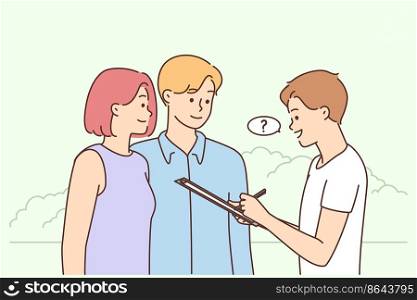 Young man asking question to couple outdoors. Smiling male interviewer making poll talking to people outside. Vector illustration. . Man ask questions make poll outside 