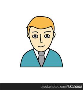 Young Man Avatar Icon. Young man avatar icon. Young blond man in blue sweater and tie. Social networks business private users avatar pictogram. Isolated vector illustration on white background.