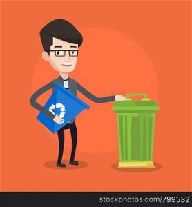 Young man carrying recycling bin. Man holding recycling bin while standing near a trash can. Vector flat design illustration. Square layout.. Man with recycle bin and trash can.