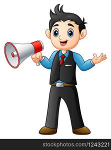 Young man cartoon holding a megaphone