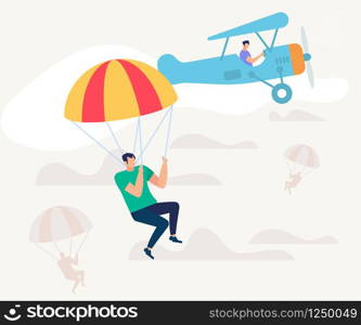 Young Man Character Fall Down, Jumped from Airplane with Parachute on Sky Background with Clouds. Blue Retro Plane with Pilot. Skydiving, Extreme Sport Summer Activity Cartoon Flat Vector Illustration. Man Jumped from Airplane with Parachute. Skydiving