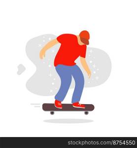 Young man character riding skateboard. Flat style. Vector illustration