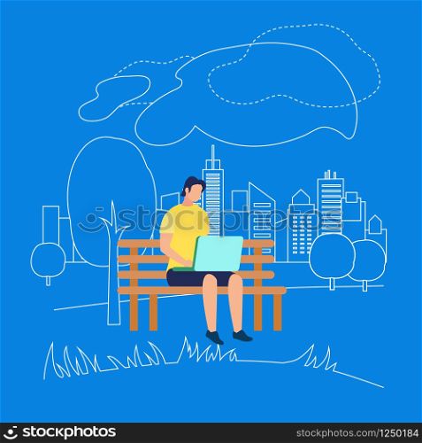 Young Man Character Wearing Yellow T-Shirt Sitting on Bench in Park with Laptop on Blue Background with Outline Park and City View. Smart Technology in Human Life Cartoon Flat Vector Illustration.. Man Character Sitting on Bench in Park with Laptop