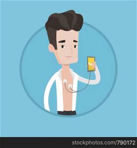 Young man checking his blood pressure with smartphone application. Caucasian man measuring heart rate pulse with smartphone app. Vector flat design illustration in the circle isolated on background.. Man measuring heart rate pulse with smartphone.