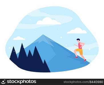 Young man climbing on mountain. Running, route, peak flat vector illustration. Sport and nature concept for banner, website design or landing web page