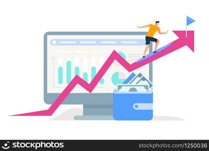 Young Man Climbing Up to Flag Target by Pink Crooked Arrow on Huge Monitor with Graphs and Charts Background. Wallet with Banknotes Stand Below Isolated on White . Cartoon Flat Vector Illustration. Man Climbing to Flag Target by Pink Crooked Arrow