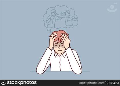 Young man closing eyes imagines that became professional athlete and participates in boxing match in ring. guy takes nap sitting at table and sees in dream fight in gloves. Flat vector image. Young man sitting at table closing eyes imagines participates in boxing match in ring. Vector image