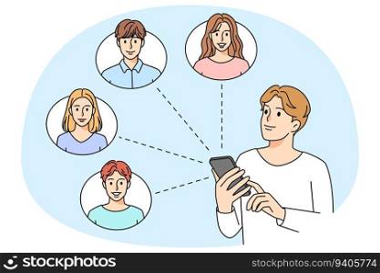 Young man communicate with people on cellphone online. Smiling guy text or chat on smartphone with friends. Web communication concept. Vector illustration.. Man communicate online with people