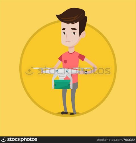 Young man controlling delivery drone with parcel. Man getting parcel from delivery drone. Man sending parcel with delivery drone. Vector flat design illustration in the circle isolated on background.. Man controlling delivery drone with post package.