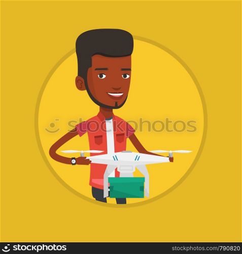 Young man controlling delivery drone with parcel. Man getting parcel from delivery drone. Man sending parcel with delivery drone. Vector flat design illustration in the circle isolated on background.. Man controlling delivery drone with post package.