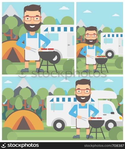 Young man cooking meat on barbecue on the background of camper van. Man travelling by camper van and having barbecue party. Vector flat design illustration. Square, horizontal, vertical layouts.. Man having barbecue in front of camper van.