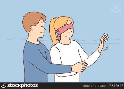 Young man cover excited woman eyes make surprise. Loving guy blindfold overjoyed girl congratulate with birthday or anniversary. Vector illustration. . Man blindfold woman make surprise 