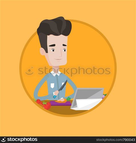 Young man cutting vegetables for salad. Man following recipe for salad on digital tablet. Man cooking healthy vegetable salad. Vector flat design illustration in the circle isolated on background.. Man following recipe on digital tablet.
