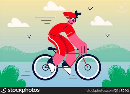 Young man cyclist in sportive uniform and helmet ride bicycle prepare for sport competition or tour. Male biker train exercise on bike outdoors, get ready for race. Active life. Vector illustration. . Man cyclist ride bike outdoors in sportive uniform