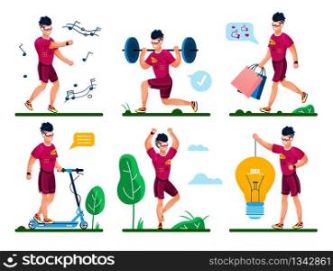 Young Man Daily Life Routine, Outdoor Activities Trendy Flat Vector Concepts Set. Active, Creative Guy Going Shopping, Listening Music and Dancing, Squatting with Barbell, Ridding Scooter Illustration