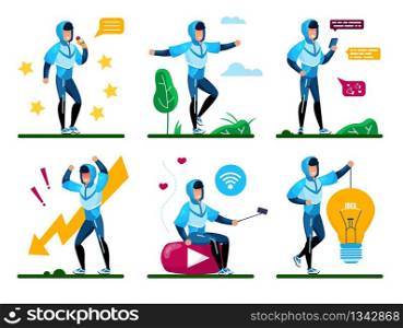 Young Man Daily Routine, Active Lifestyle Trendy Flat Vector Concepts, Life Situations Set. Male Teenager, Guy Chatting in Social Networks, Eating Sweets, Filling Stress, Generating Ideas Illustration