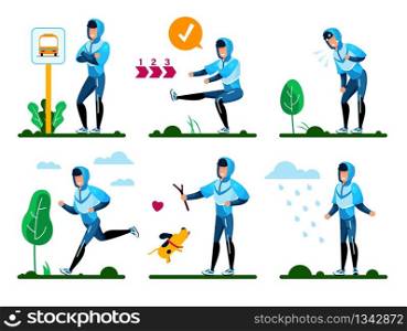 Young Man Daily Routines, Life Situations, Healthy Lifestyle Activities Trendy Flat Vector Concepts Set. Man in Sportswear Waiting Buss on Stop, Overcoming Fitness Trainings Difficulties Illustrations
