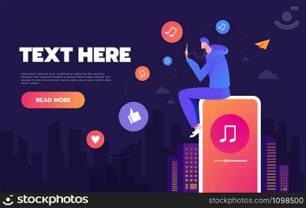 Young man dancing to the music playing on his phone. The concept of listening to music on social networks. Landing page concepts and web design.. Young man dancing to the music playing on his phone. The concept of listening to music on social networks. Landing page concepts and web design