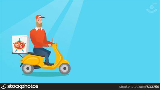 Young man delivering pizza on scooter. Courier driving a motorbike and delivering pizza. Worker of delivery service of pizza. Food delivery concept. Vector flat design illustration. Horizontal layout.. Man delivering pizza on scooter.