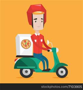 Young man delivering pizza on scooter. Courier driving a motorbike and delivering pizza. Worker of delivery service of pizza. Concept of food delivery. Vector flat design illustration. Square layout.. Man delivering pizza on scooter.