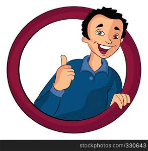 Young Man Doing a Thumbs Up Sign Inside a Circle, vector illustration