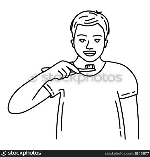 Young man doing morning routine. Man brushing teeth. Daily rituals. Hand drawn doodle vector illustration