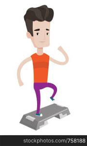Young man doing step exercises. Caucasian man training with stepper. Sporty man working out with stepper. Sportsman standing on stepper. Vector flat design illustration isolated on white background.. Man exercising on steeper vector illustration.