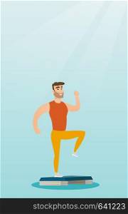 Young man doing step exercises. Caucasian man training with stepper in the gym. Man working out with stepper in the gym. Sportsman standing on stepper. Vector flat design illustration. Vertical layout. Man exercising on steeper vector illustration.