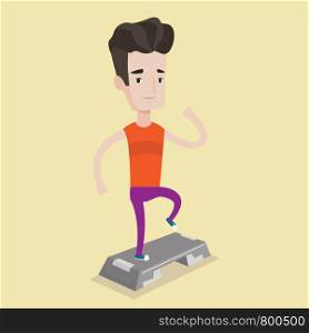 Young man doing step exercises. Caucasian man training with stepper in the gym. Man working out with stepper in the gym. Sportsman standing on stepper. Vector flat design illustration. Square layout.. Man exercising on steeper vector illustration.