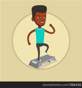 Young man doing step exercises. Man training with stepper in the gym. Man working out with stepper. Sportsman standing on stepper. Vector flat design illustration in the circle isolated on background.. Man exercising on steeper vector illustration.