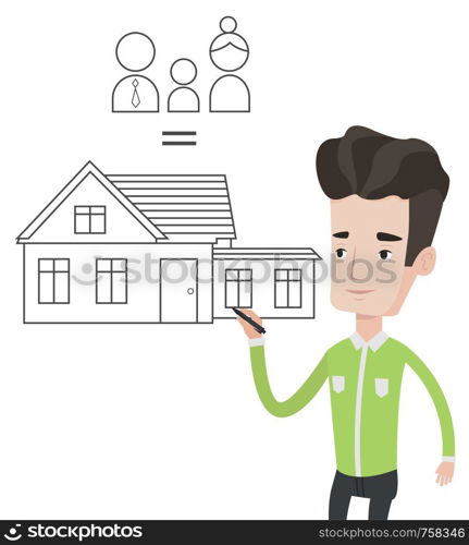 Young man drawing family house. Caucasian man drawing a house with a family. Man dreaming about future life in a new family house. Vector flat design illustration isolated on white background.. Young man drawing his family house.
