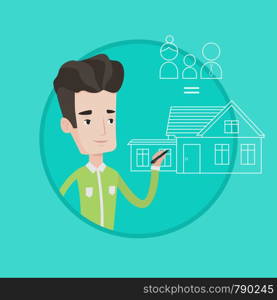 Young man drawing family house. Caucasian man drawing a house with a family. Man dreaming about future life in a new family house. Vector flat design illustration in the circle isolated on background.. Young man drawing his family house.
